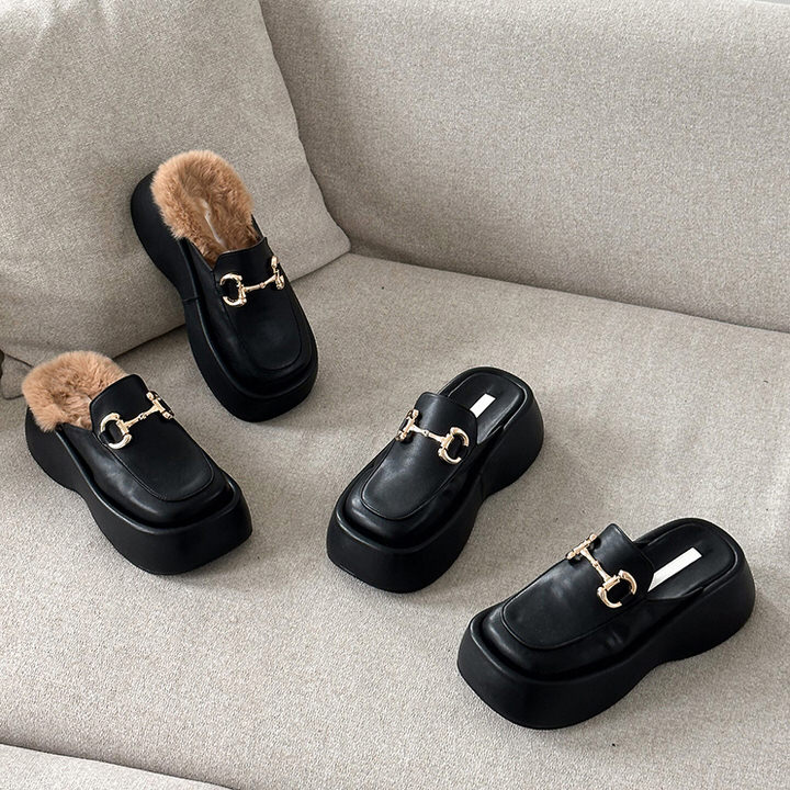 ローファー サンダル ビットモチーフ 厚底 ウェッジソール フラット レディース 黒 ブラック ファー モコモコ おじ靴 革靴 オックスフォード 靴 婦人靴 韓国