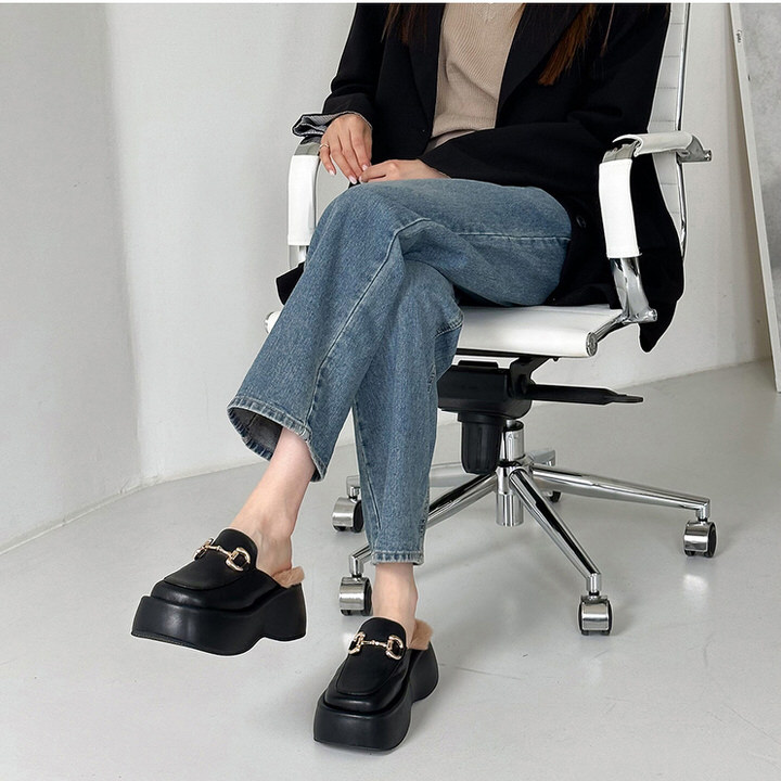 ローファー サンダル ビットモチーフ 厚底 ウェッジソール フラット レディース 黒 ブラック ファー モコモコ おじ靴 革靴 オックスフォード 靴 婦人靴 韓国