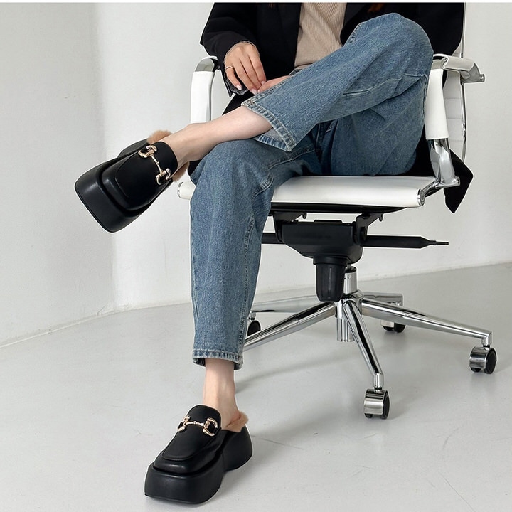 ローファー サンダル ビットモチーフ 厚底 ウェッジソール フラット レディース 黒 ブラック ファー モコモコ おじ靴 革靴 オックスフォード 靴 婦人靴 韓国