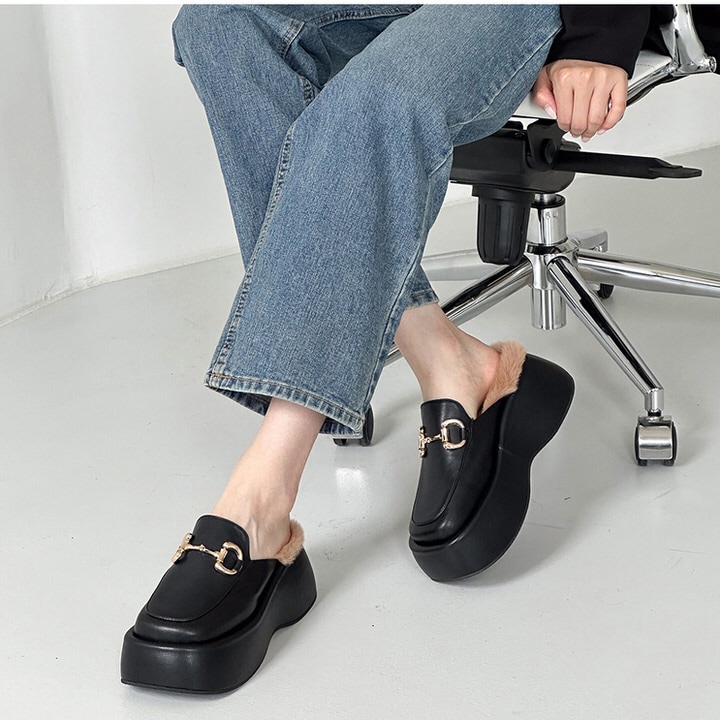 ローファー サンダル ビットモチーフ 厚底 ウェッジソール フラット レディース 黒 ブラック ファー モコモコ おじ靴 革靴 オックスフォード 靴 婦人靴 韓国