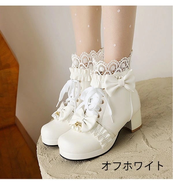 ロリータ靴 シューズ ブーツ 厚底 レース 甘ロリ lolita ロリィタブーツ リボン ゴスロリ ハイカット 低いヒール ロリィタ靴 編み上げ ヒール4センチ レディース メイド靴 可愛い 女の子