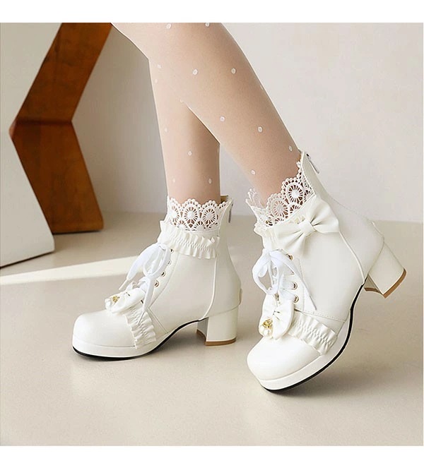 ロリータ靴 シューズ ブーツ 厚底 レース 甘ロリ lolita ロリィタブーツ リボン ゴスロリ ハイカット 低いヒール ロリィタ靴 編み上げ ヒール4センチ レディース メイド靴 可愛い 女の子