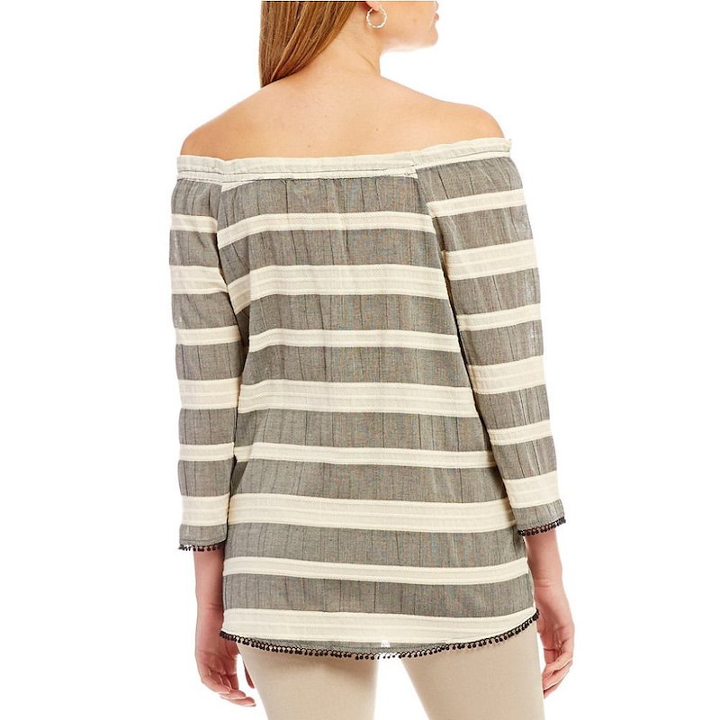 ウエストバウンド レディース トップス オフショルダー【Westbound Petites Off-the-Shoulder 3/4 Sleeve Striped Peasant Top】Black ウエストバウンド レディース トップス オフショルダー【Westbound Petites Off-the-Shoulder 3/4 Sleeve Striped Peasant Top】Black