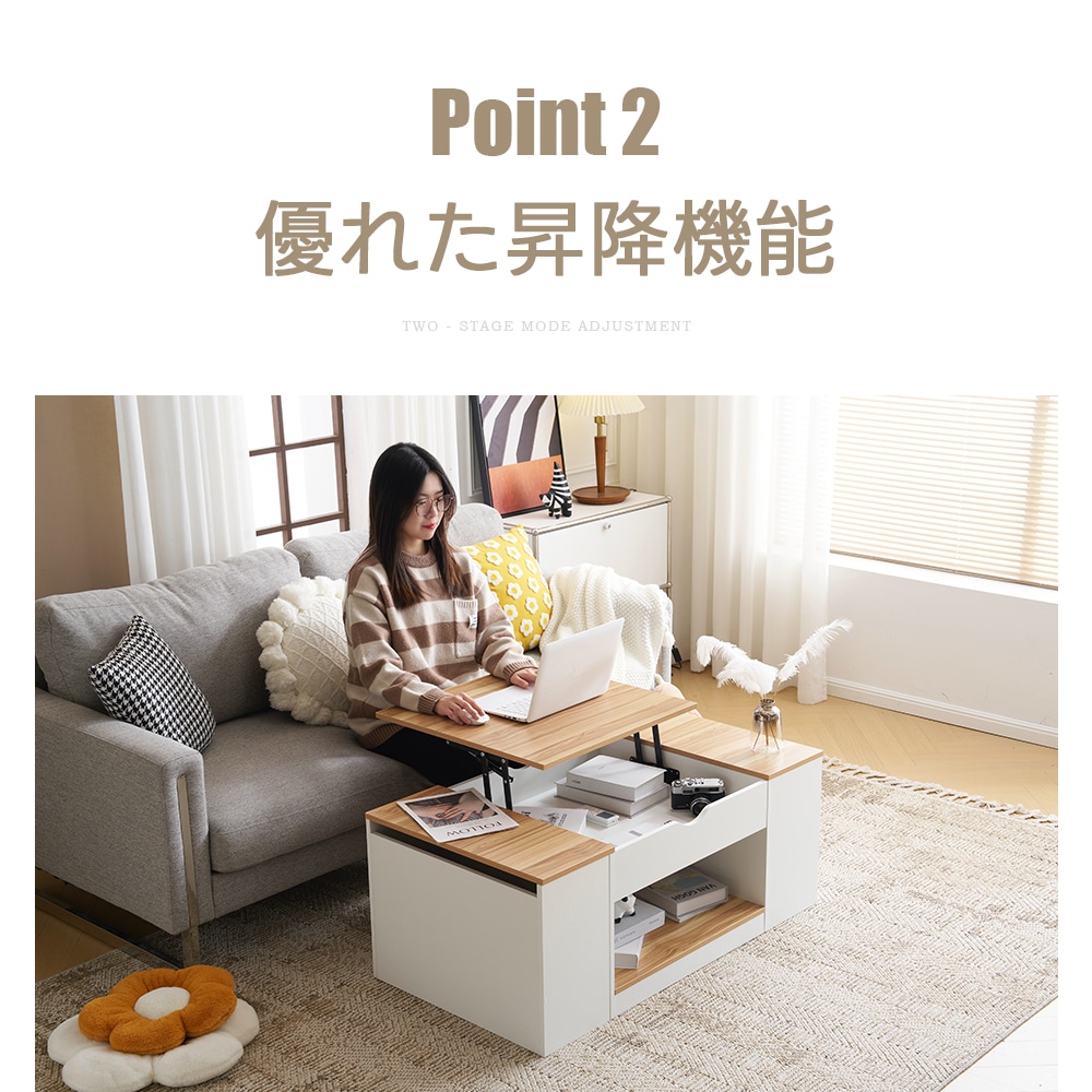 【国内発送送.料無料】【新作登場】センターテーブル 昇降テーブル 大容量収納 収納付き 幅110CM 北欧風 リビングテーブル ローテーブル モダン 組み立て簡単 耐久性抜.群【ホワイト】A24