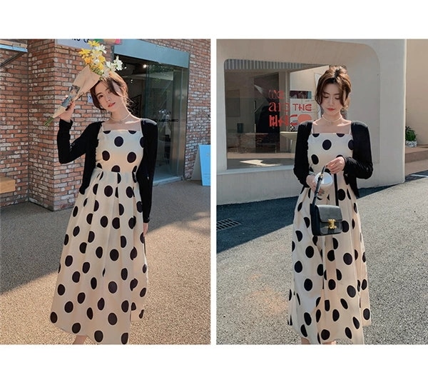 ワンピース 綿 水玉柄 スクエアネック ぽっちゃり 2点セット スリング