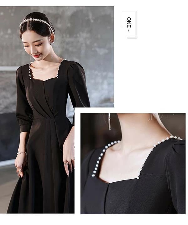 ドレス 大人 ピアノ 発表会 黒ドレス 無地 スイートハートネック エレガント イブニングドレス パーティードレス ロングドレス 母親 結婚式 演奏会 袖あり ドレス 成人式 同窓会 ピアノ発表会 A