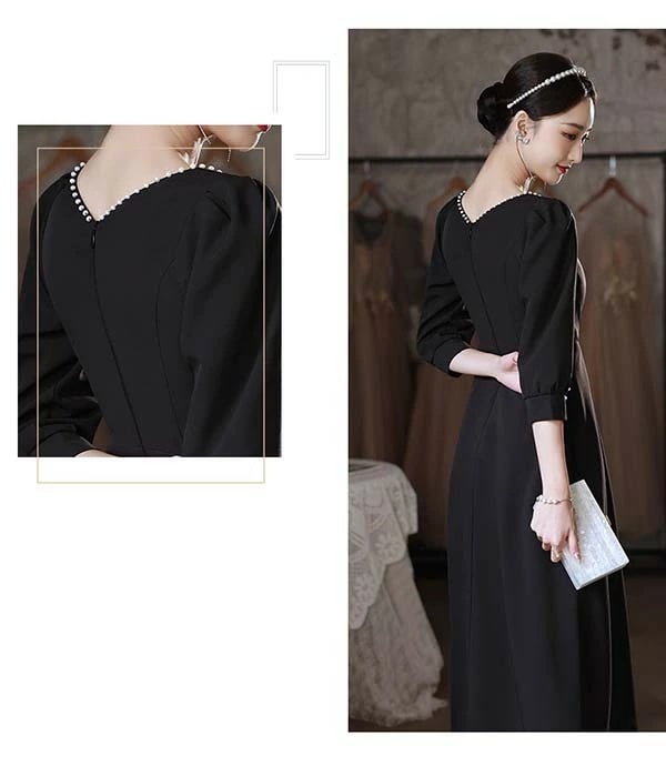 ドレス 大人 ピアノ 発表会 黒ドレス 無地 スイートハートネック エレガント イブニングドレス パーティードレス ロングドレス 母親 結婚式 演奏会 袖あり ドレス 成人式 同窓会 ピアノ発表会 A