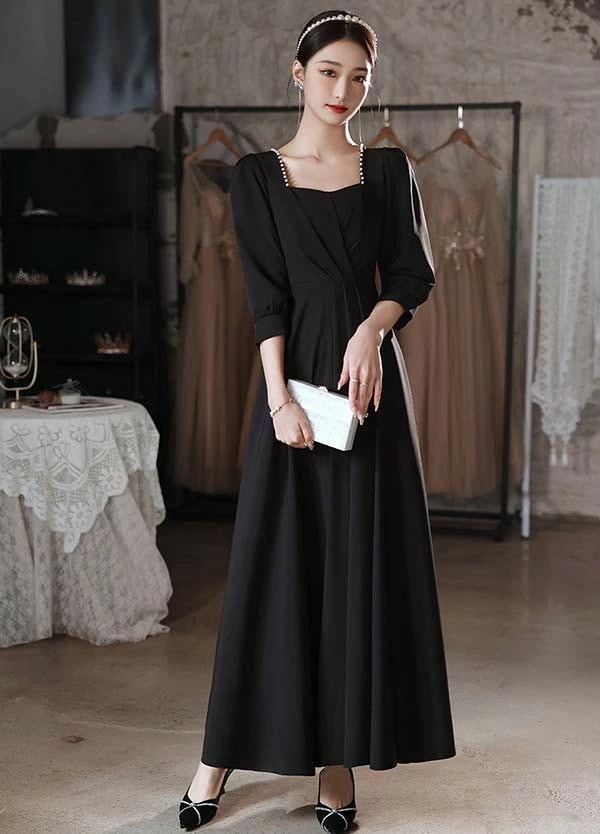 ドレス 大人 ピアノ 発表会 黒ドレス 無地 スイートハートネック エレガント イブニングドレス パーティードレス ロングドレス 母親 結婚式 演奏会 袖あり ドレス 成人式 同窓会 ピアノ発表会 A