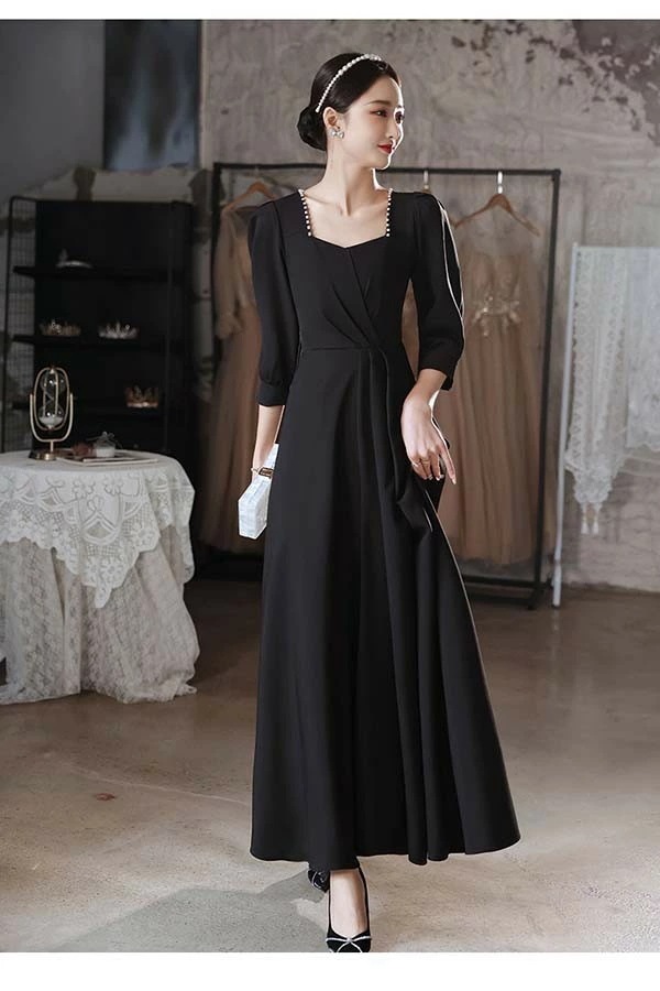 ドレス 大人 ピアノ 発表会 黒ドレス 無地 スイートハートネック エレガント イブニングドレス パーティードレス ロングドレス 母親 結婚式 演奏会 袖あり ドレス 成人式 同窓会 ピアノ発表会 A