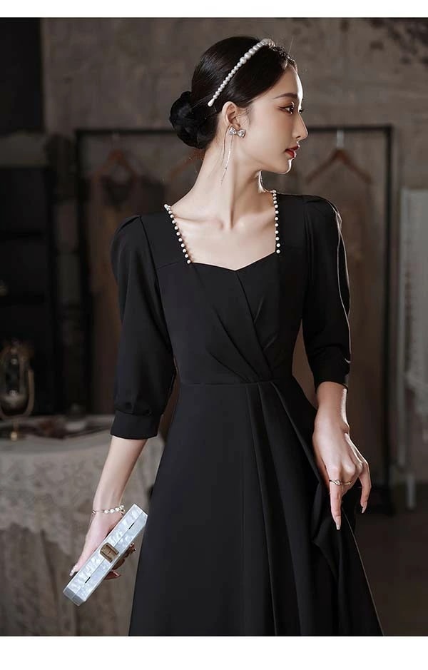 ドレス 大人 ピアノ 発表会 黒ドレス 無地 スイートハートネック エレガント イブニングドレス パーティードレス ロングドレス 母親 結婚式 演奏会 袖あり ドレス 成人式 同窓会 ピアノ発表会 A