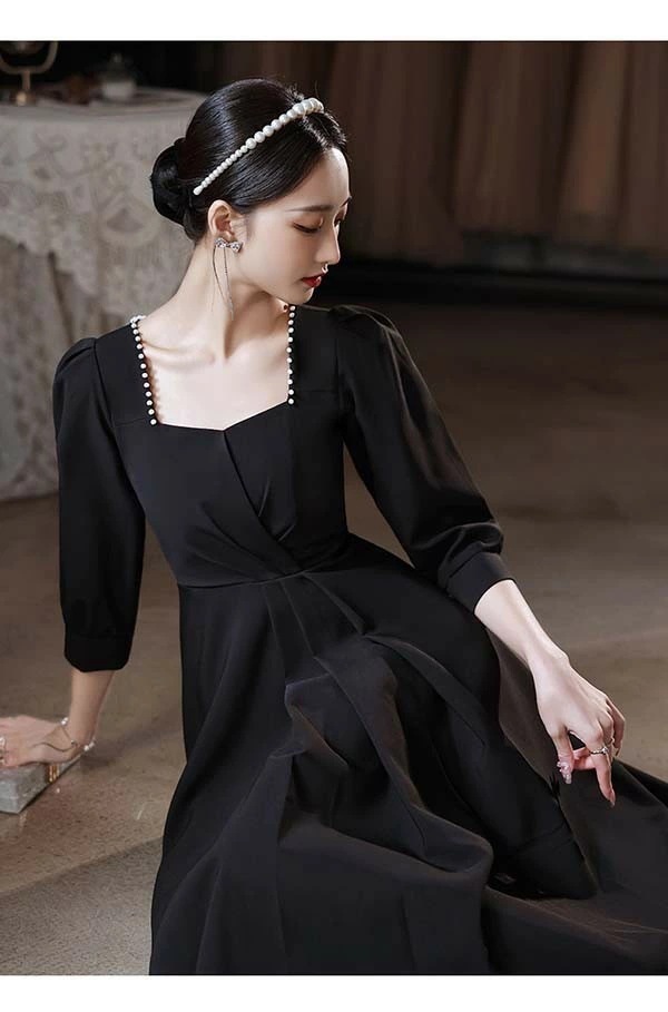 ドレス 大人 ピアノ 発表会 黒ドレス 無地 スイートハートネック エレガント イブニングドレス パーティードレス ロングドレス 母親 結婚式 演奏会 袖あり ドレス 成人式 同窓会 ピアノ発表会 A