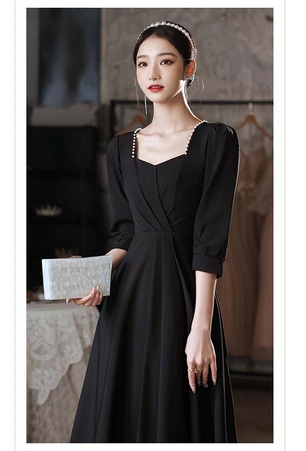 ドレス 大人 ピアノ 発表会 黒ドレス 無地 スイートハートネック エレガント イブニングドレス パーティードレス ロングドレス 母親 結婚式 演奏会 袖あり ドレス 成人式 同窓会 ピアノ発表会 A