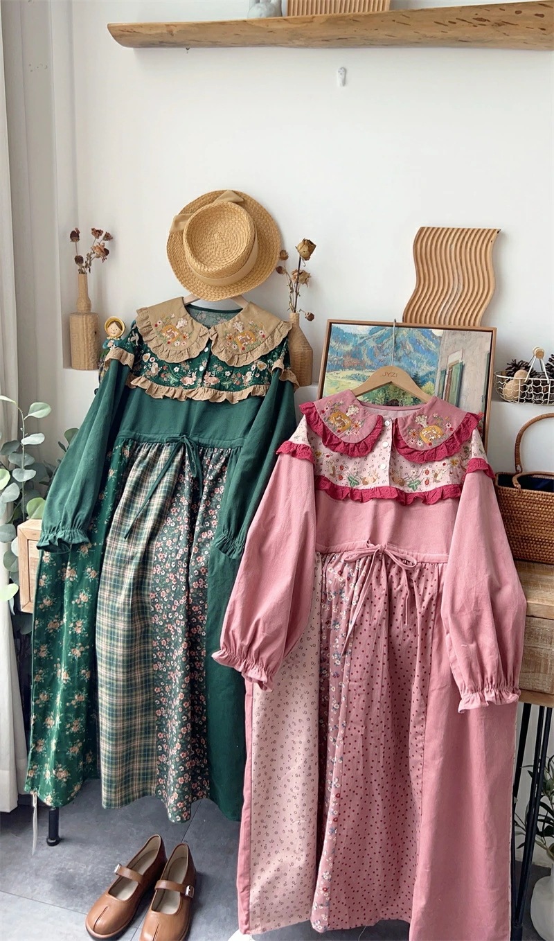 ワンピース レディース 長袖 コーデュロイ フリル ビッグフリエル襟 森ガール 可愛い 春 秋 冬 グリーン ピンク ロングワンピース 異素材 ロリータワンピース 花柄 長袖ワンピース ロリータ ワンピース レディース 長袖 コーデュロイ フリル ビッグフリエル襟 森ガール 可愛い 春 秋 冬 グリーン ピンク ロングワンピース 異素材 ロリータワンピース 花柄 長袖ワンピース ロリータ