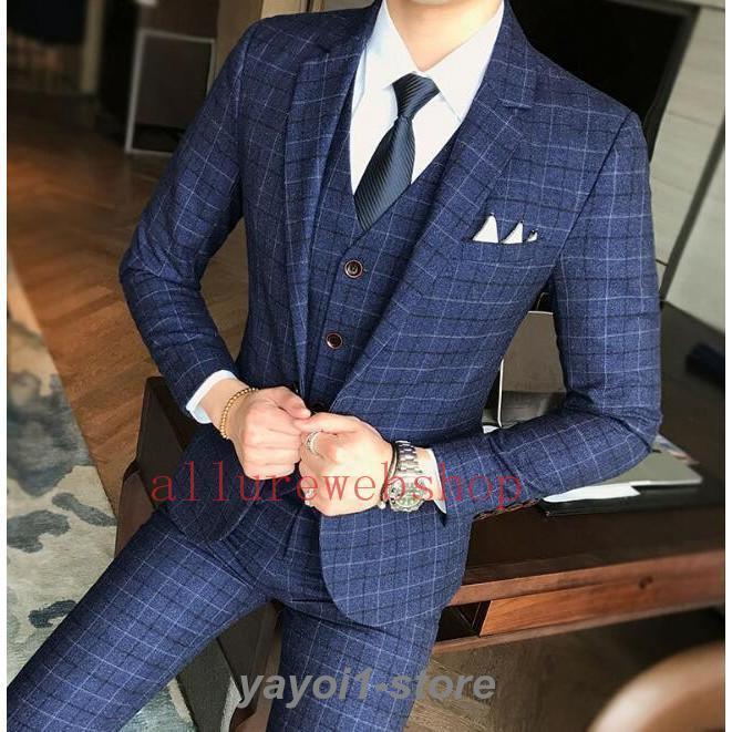 メンズスーツセットチェク柄 ジャケット++パンツ スーツ3点セット 大きいサイズ　ビジネス/フォーマル/パーティー/結婚式　 紳士服