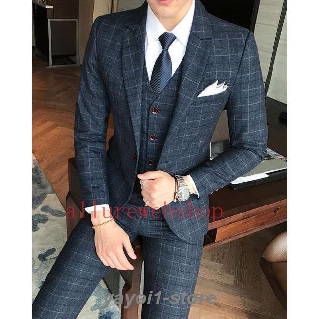 メンズスーツセットチェク柄 ジャケット++パンツ スーツ3点セット 大きいサイズ　ビジネス/フォーマル/パーティー/結婚式　 紳士服