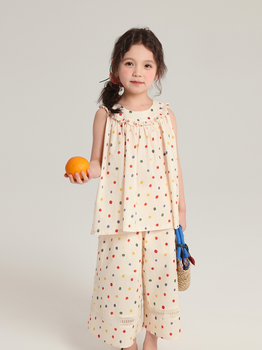 夏服の新しい女の子の水玉模様のシリーズのドレスの綿の子供の甘いベストのズボンのセット 夏服の新しい女の子の水玉模様のシリーズのドレスの綿の子供の甘いベストのズボンのセット