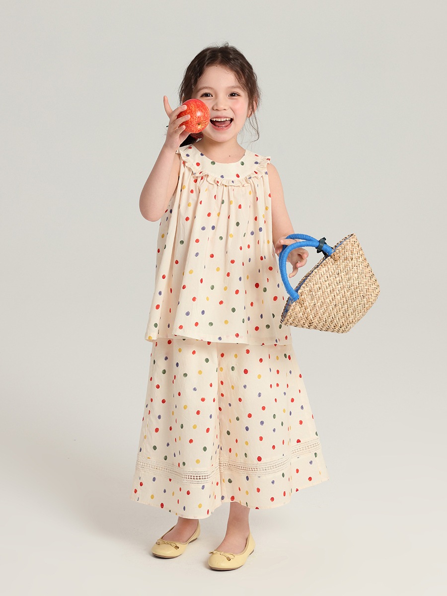 夏服の新しい女の子の水玉模様のシリーズのドレスの綿の子供の甘いベストのズボンのセット 夏服の新しい女の子の水玉模様のシリーズのドレスの綿の子供の甘いベストのズボンのセット