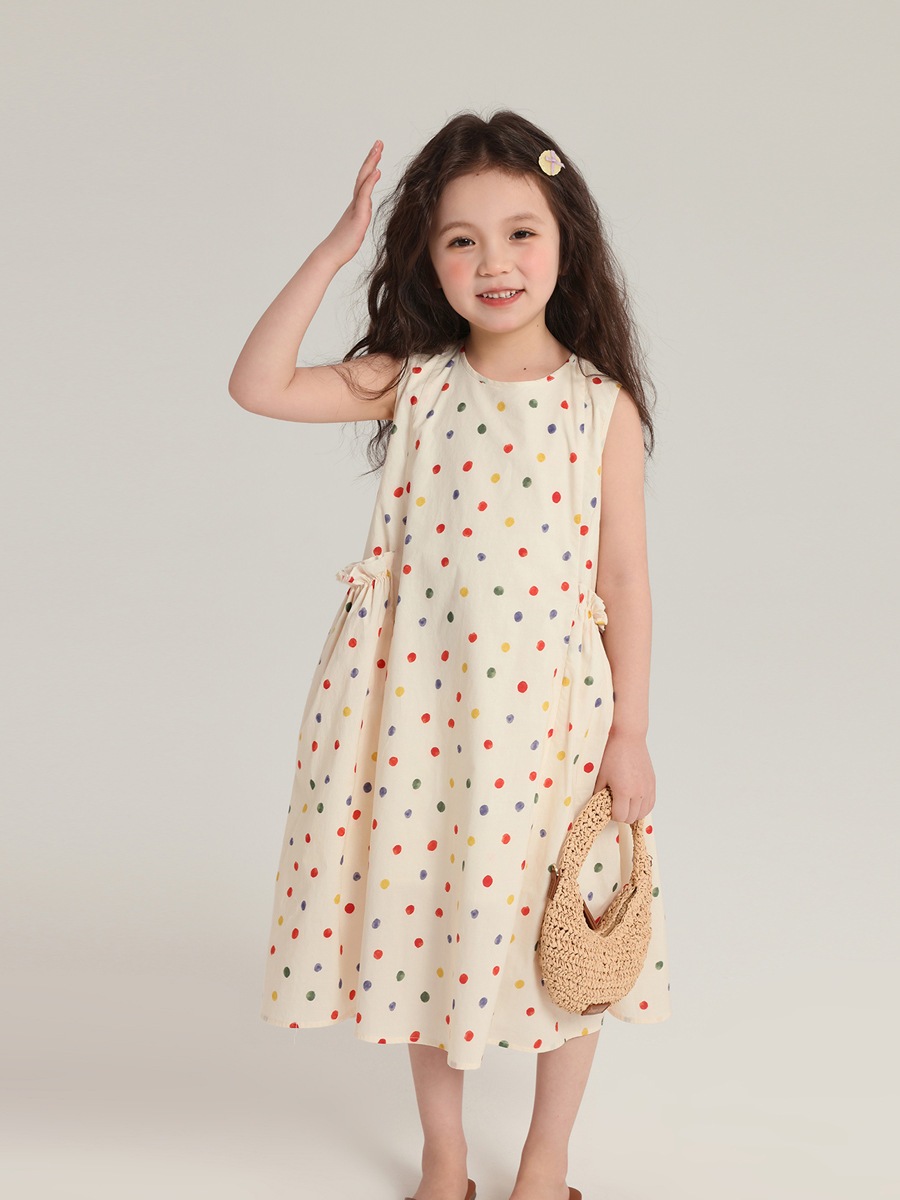 夏服の新しい女の子の水玉模様のシリーズのドレスの綿の子供の甘いベストのズボンのセット 夏服の新しい女の子の水玉模様のシリーズのドレスの綿の子供の甘いベストのズボンのセット