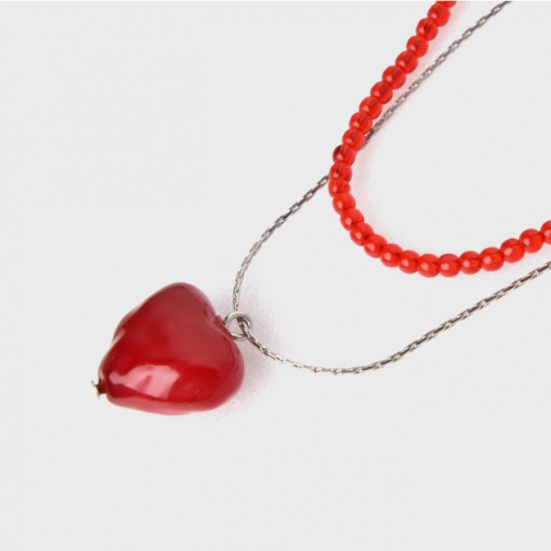 HAS [2セット] HW006 ハート&レッドビーズレイヤードネックレス