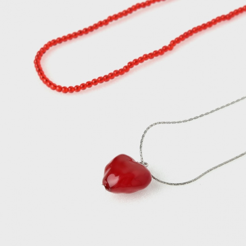 HAS [2セット] HW006 ハート&レッドビーズレイヤードネックレス