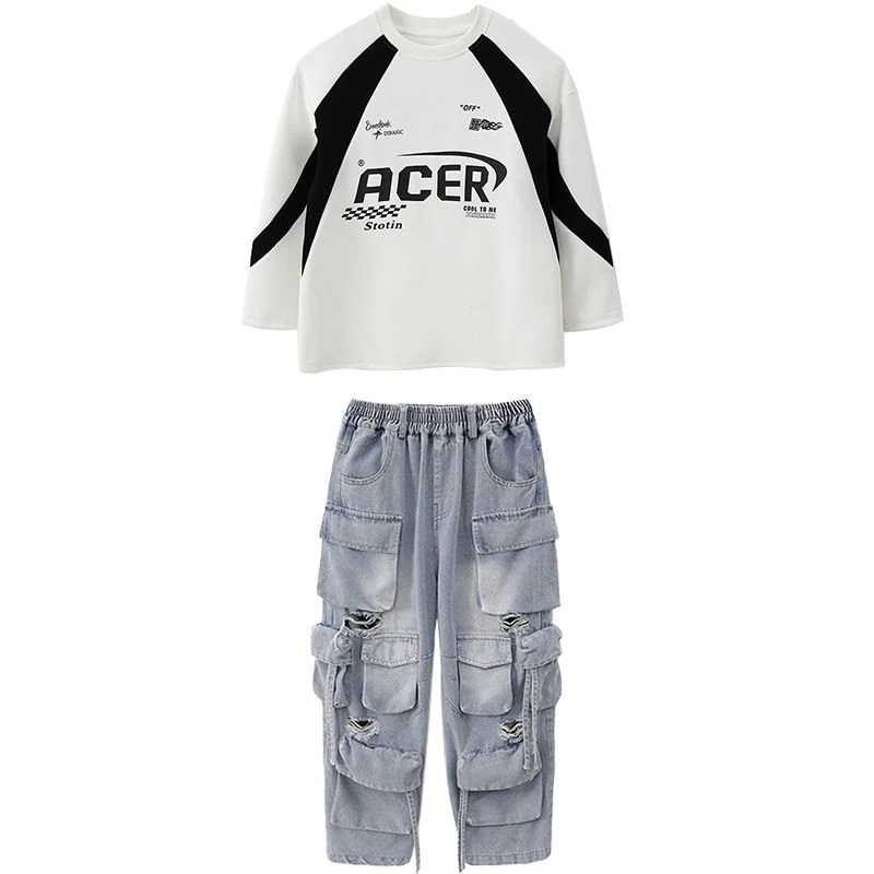 メガ割街舞児童服ヒップホップクール演技服少hiphopゆるいジーンズ公演服装