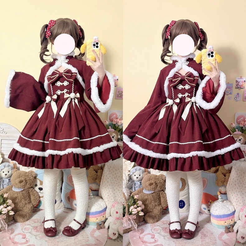 洛丽塔正规品冬季定制两件套连衣裙Lolita绒面姬袖裙元旦圣诞套装裙 洛丽塔正规品冬季定制两件套连衣裙Lolita绒面姬袖裙元旦圣诞套装裙