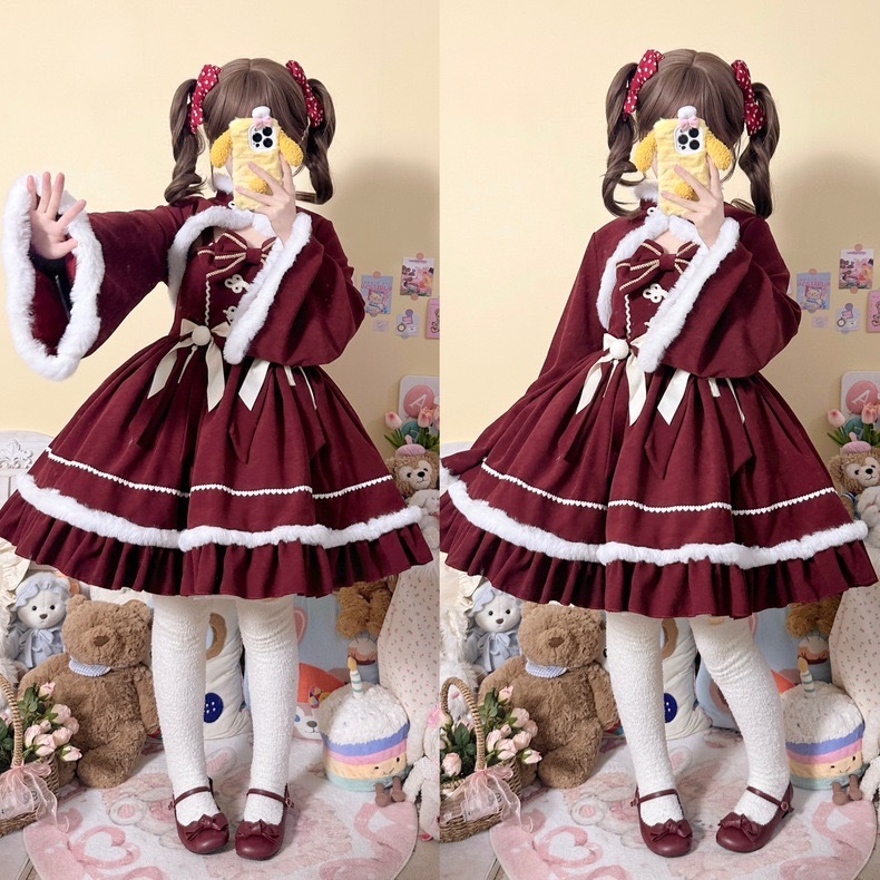 洛丽塔正规品冬季定制两件套连衣裙Lolita绒面姬袖裙元旦圣诞套装裙 洛丽塔正规品冬季定制两件套连衣裙Lolita绒面姬袖裙元旦圣诞套装裙