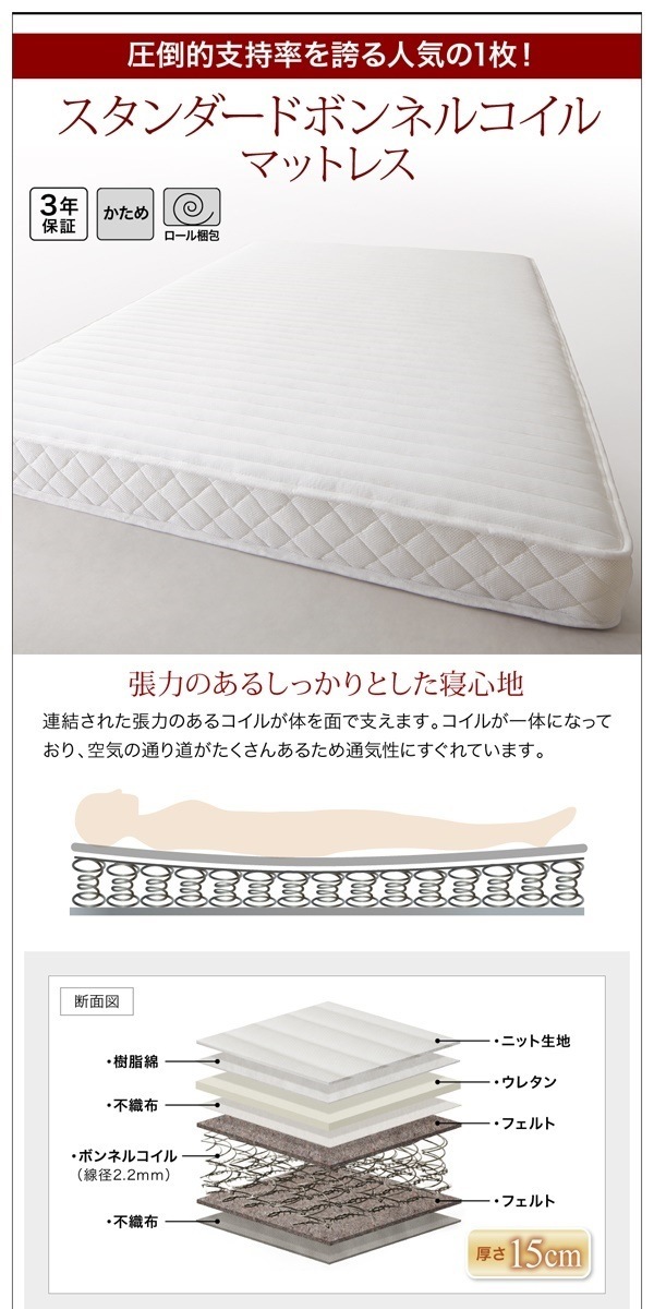 [組立設置付]棚/コンセント付 ローベッド [チュース] スタンダードボンネルコイルマットレス付 フルレイアウト クイーン(Qx1) フレーム幅160 マット:黒