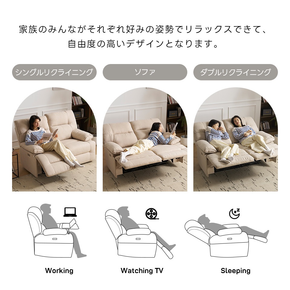 【国内発送,送.料無料】A39リクライニングチェア リクライニングソファ 2人掛け ファブリック 電動 リクライニング 左右独立調節150 オットマン一体型 パーソナルチェアー 電動ソファ 耐圧分散