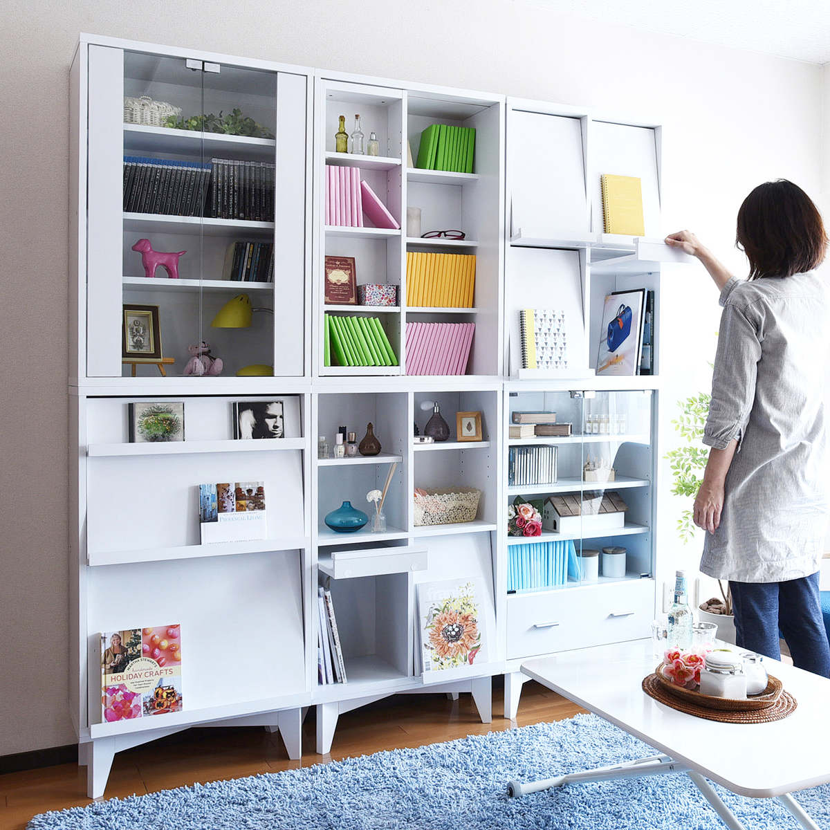 ディスプレイラック 幅60cm 本棚 ガラス扉 ボックスラックシリーズ キャビネット ガラス 飾り棚 ラック ディスプレイ 収納 コレクション 可動棚 組み合わせ