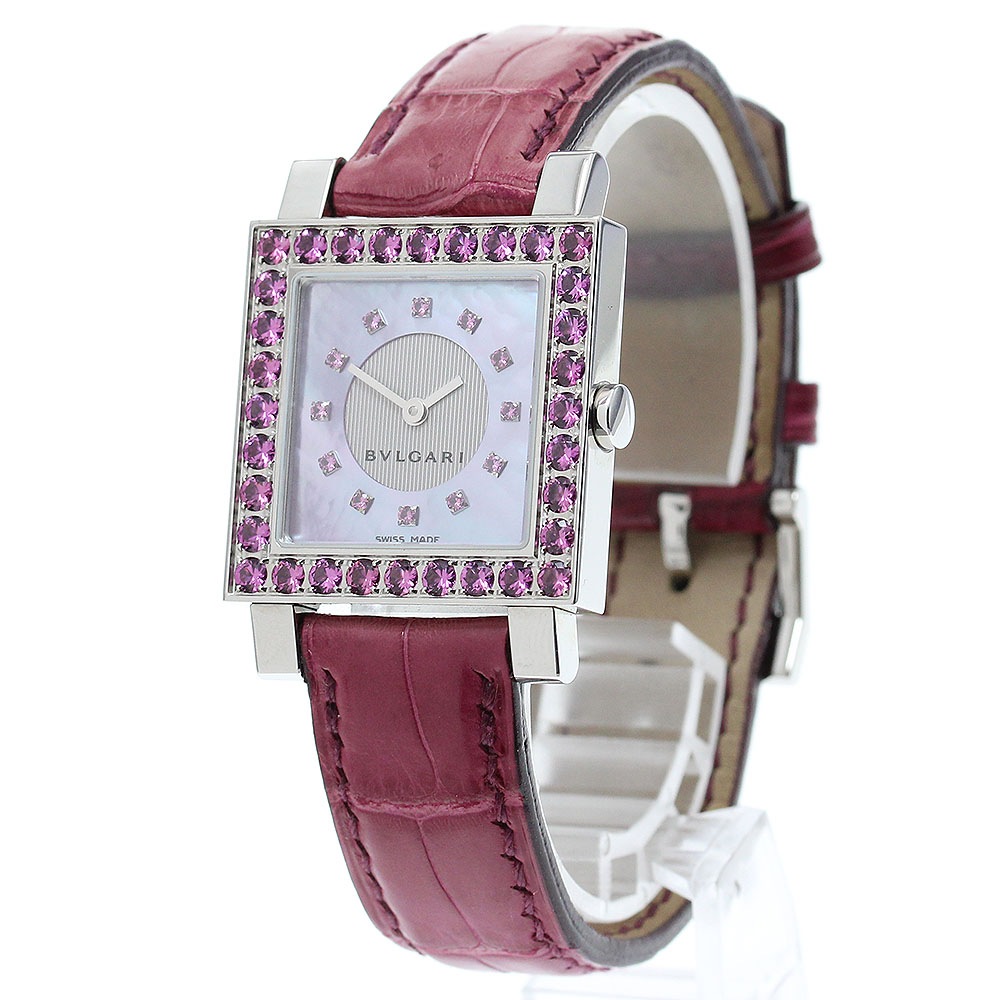 ブルガリ BVLGARI クアドラード ガーネット SQ27SLD ピンクシェル SS/レザーストラップ 腕時計 レディース 中古 ブルガリ BVLGARI SQ27SLD クアドラード ガーネットベゼル 12P