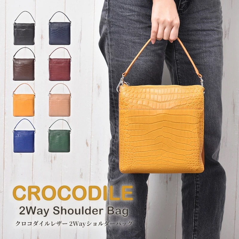 クロコダイル 本革 2way ハンドバッグ レディース 女性 ショルダーバッグ センター取り ワニ革 ミニバッグ 軽量 斜めがけ スクエア 四角 レザー