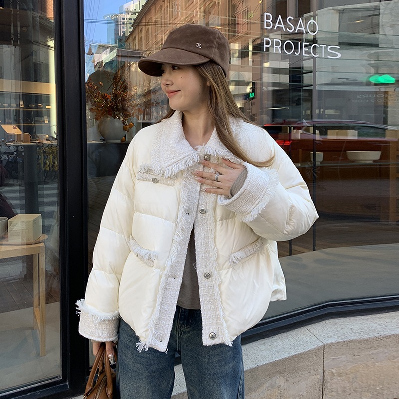 スタイリッシュなショートダウンジャケット2024新型シンプルなフリンジのパッチワークを厚くした90ホワイトのアヒルの綿毛のコート スタイリッシュなショートダウンジャケット2024新型シンプルなフリンジのパッチワークを厚くした90ホワイトのアヒルの綿毛のコート