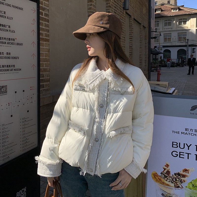 スタイリッシュなショートダウンジャケット2024新型シンプルなフリンジのパッチワークを厚くした90ホワイトのアヒルの綿毛のコート スタイリッシュなショートダウンジャケット2024新型シンプルなフリンジのパッチワークを厚くした90ホワイトのアヒルの綿毛のコート