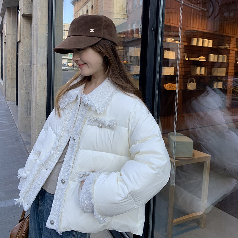 スタイリッシュなショートダウンジャケット2024新型シンプルなフリンジのパッチワークを厚くした90ホワイトのアヒルの綿毛のコート スタイリッシュなショートダウンジャケット2024新型シンプルなフリンジのパッチワークを厚くした90ホワイトのアヒルの綿毛のコート
