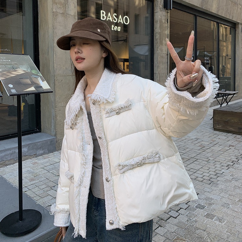 スタイリッシュなショートダウンジャケット2024新型シンプルなフリンジのパッチワークを厚くした90ホワイトのアヒルの綿毛のコート スタイリッシュなショートダウンジャケット2024新型シンプルなフリンジのパッチワークを厚くした90ホワイトのアヒルの綿毛のコート
