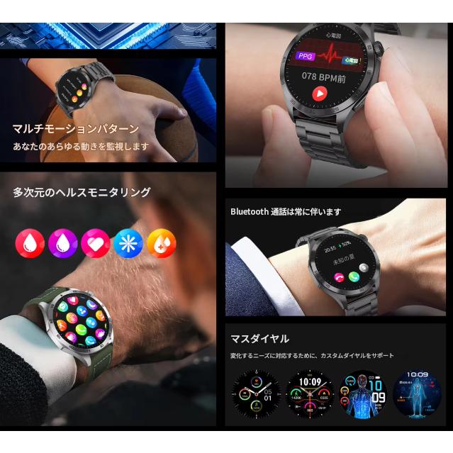 スマートウォッチ ET485 ECG心電図 血糖値 体脂肪BMI 尿酸血中脂質 血中酸素 血圧測定 心拍数 呼吸率 体温 血液分析 月経周期 通話機能 着信通知 音楽 睡眠管理 防水 日本語 腕時計