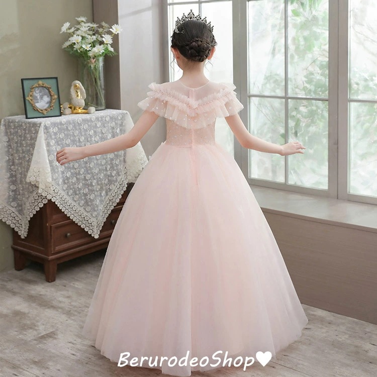 全4色 子供ドレス ピアノ発表会ドレス ロング ブラック グレー ピンク ホワイト 可愛い 女児ドレス レース チュール パール 女の子ドレス フォーマル 演奏会ドレス キッズドレス 100~160c