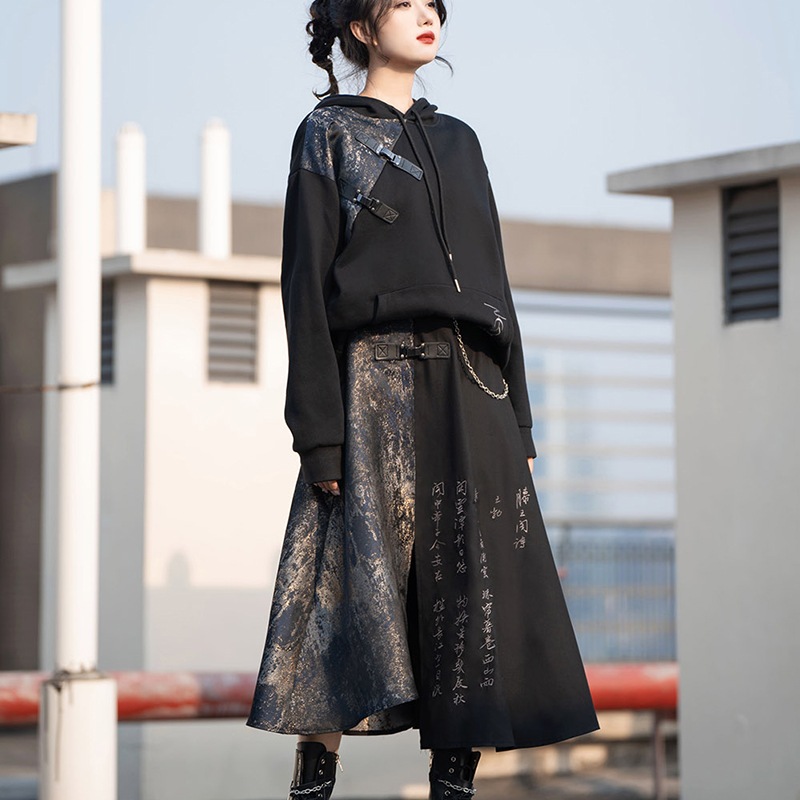 チャイナ風スカート ロングスカート 黒 文字柄 ボトムス スリットスカート 切り替え ブラック 不規則 高見え 着瘦せ