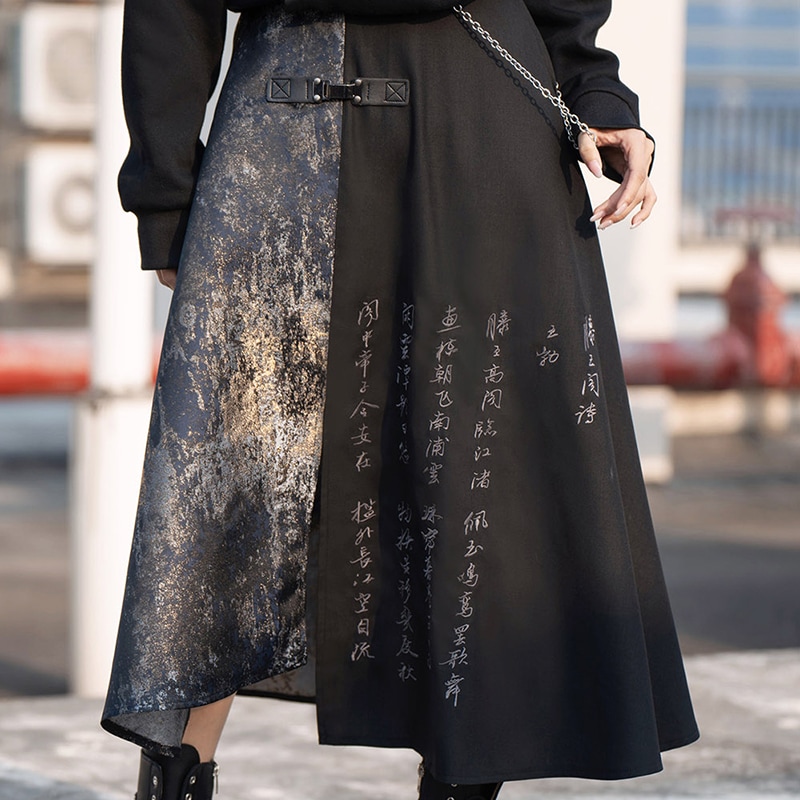 チャイナ風スカート ロングスカート 黒 文字柄 ボトムス スリットスカート 切り替え ブラック 不規則 高見え 着瘦せ