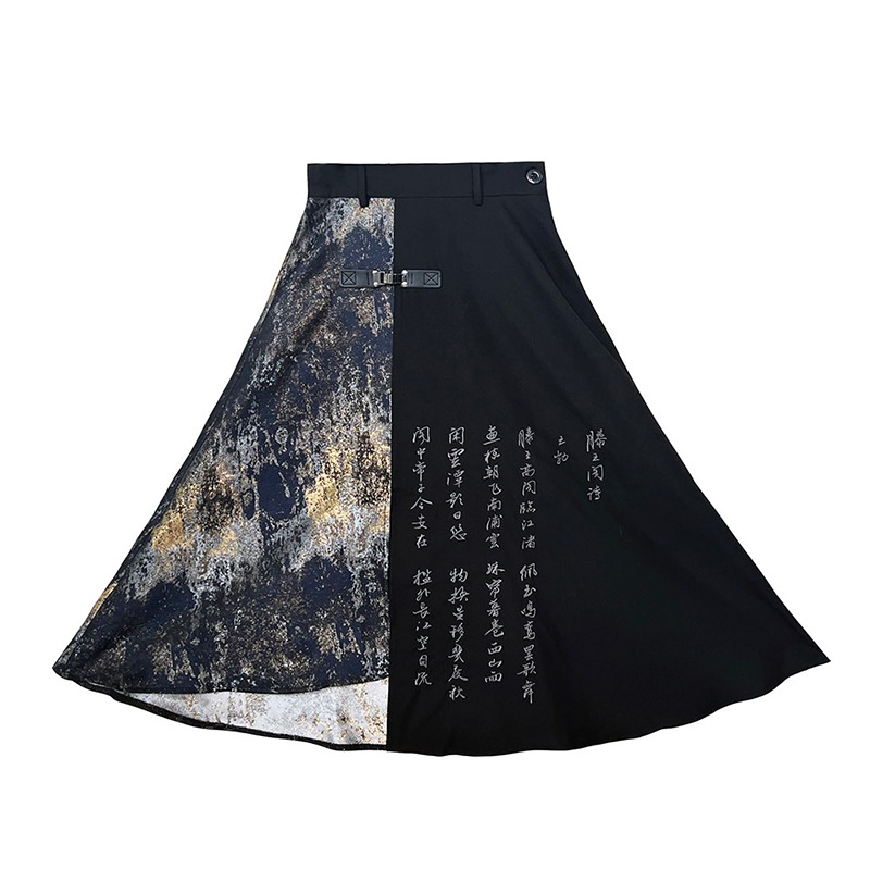 チャイナ風スカート ロングスカート 黒 文字柄 ボトムス スリットスカート 切り替え ブラック 不規則 高見え 着瘦せ