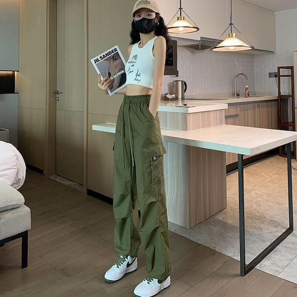 CEaRET シーレット ワイドストレートカーゴパンツ ハイウエスト Qoo10] カーゴパンツ レディース 夏 薄い ハイ