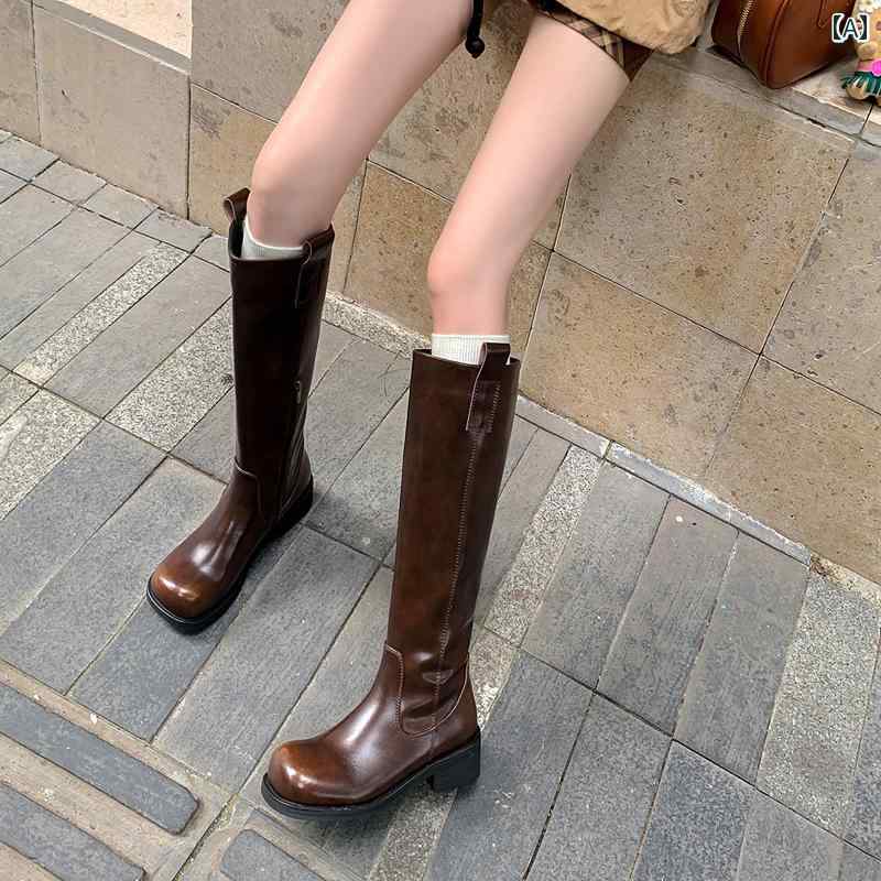 ロングブーツ レディース タイトフィット シンプル おしゃれ スタイルアップ 女性用 レトロ ラウンドトゥ ハイ ナイト ブーツ ブラウン ミッド ヒール ストリート スタイル スリミング ストレッチ