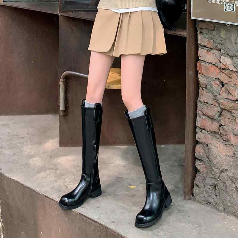 ロングブーツ レディース タイトフィット シンプル おしゃれ スタイルアップ 女性用 レトロ ラウンドトゥ ハイ ナイト ブーツ ブラウン ミッド ヒール ストリート スタイル スリミング ストレッチ