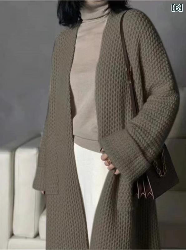 ニット レディース カーディガン おしゃれ カジュアル 秋冬 ロング 丈 厚手 長袖 セーター グレー キャメル