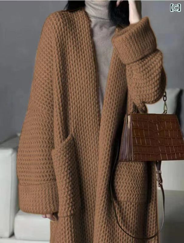 ニット レディース カーディガン おしゃれ カジュアル 秋冬 ロング 丈 厚手 長袖 セーター グレー キャメル