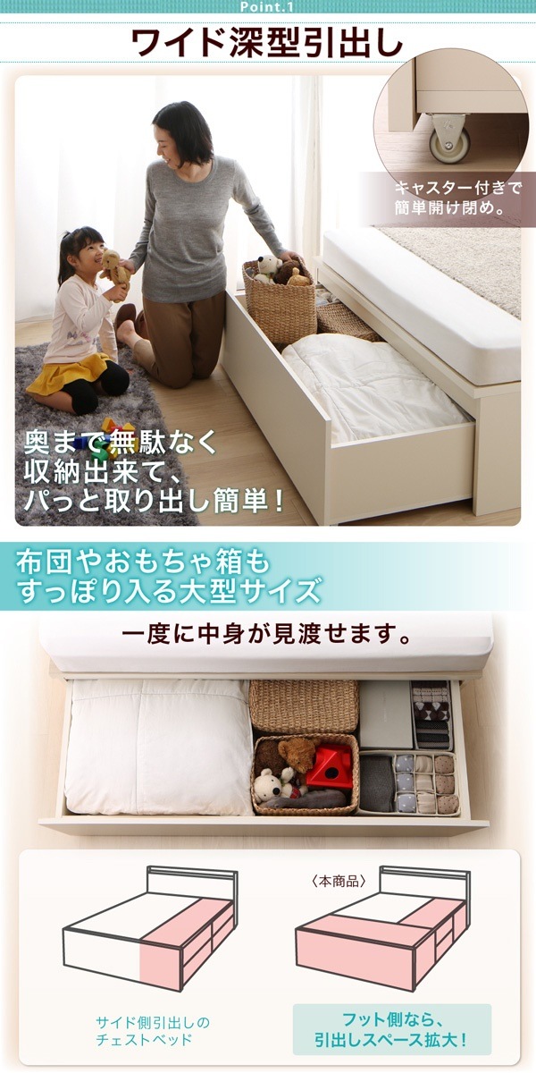 国産 棚/コンセント付 ワイド深型引き出し チェストベッド Lage ラージュ [薄型プレミアムボンネルコイルマットレス付き] ダブル [フレーム色]ホワイト