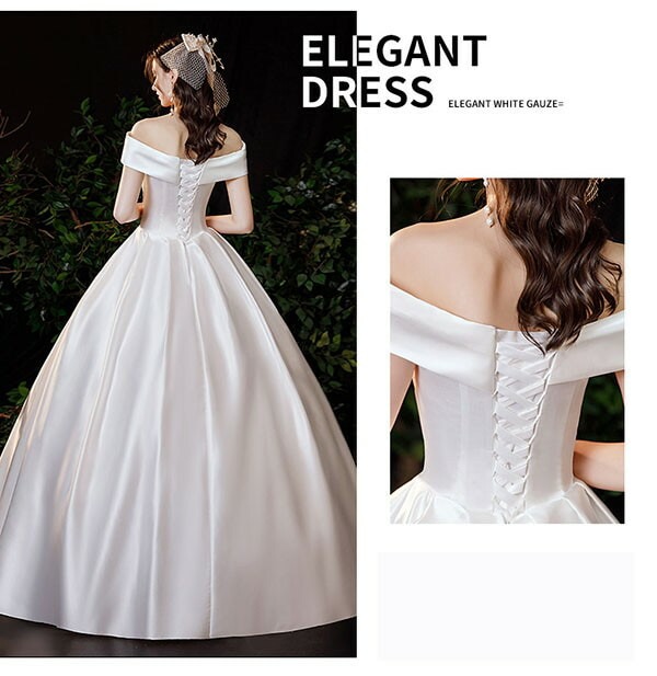 高評価多数ウェディングドレス 白 ホワイト サテン ロングドレス セットアップ パニエ/手袋/ベール追加可 オフショルダー 半袖あり 背中開き 編み上げ プリンセスライン 花嫁 結婚式 披露宴 お呼ば