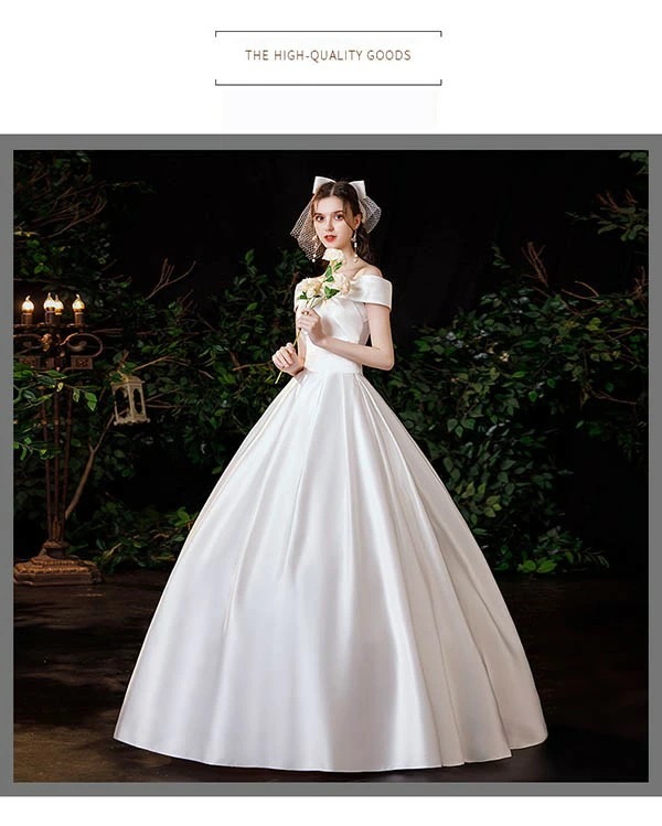 高評価多数ウェディングドレス 白 ホワイト サテン ロングドレス セットアップ パニエ/手袋/ベール追加可 オフショルダー 半袖あり 背中開き 編み上げ プリンセスライン 花嫁 結婚式 披露宴 お呼ば