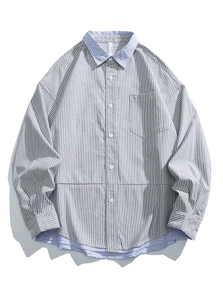 ブラウス メンズ 春と秋の新しいストライプメンズシャツ潮スプライシングフェイク2ピースシャツメンズ 長袖 韓国 メンズファッション オフィス シャツ